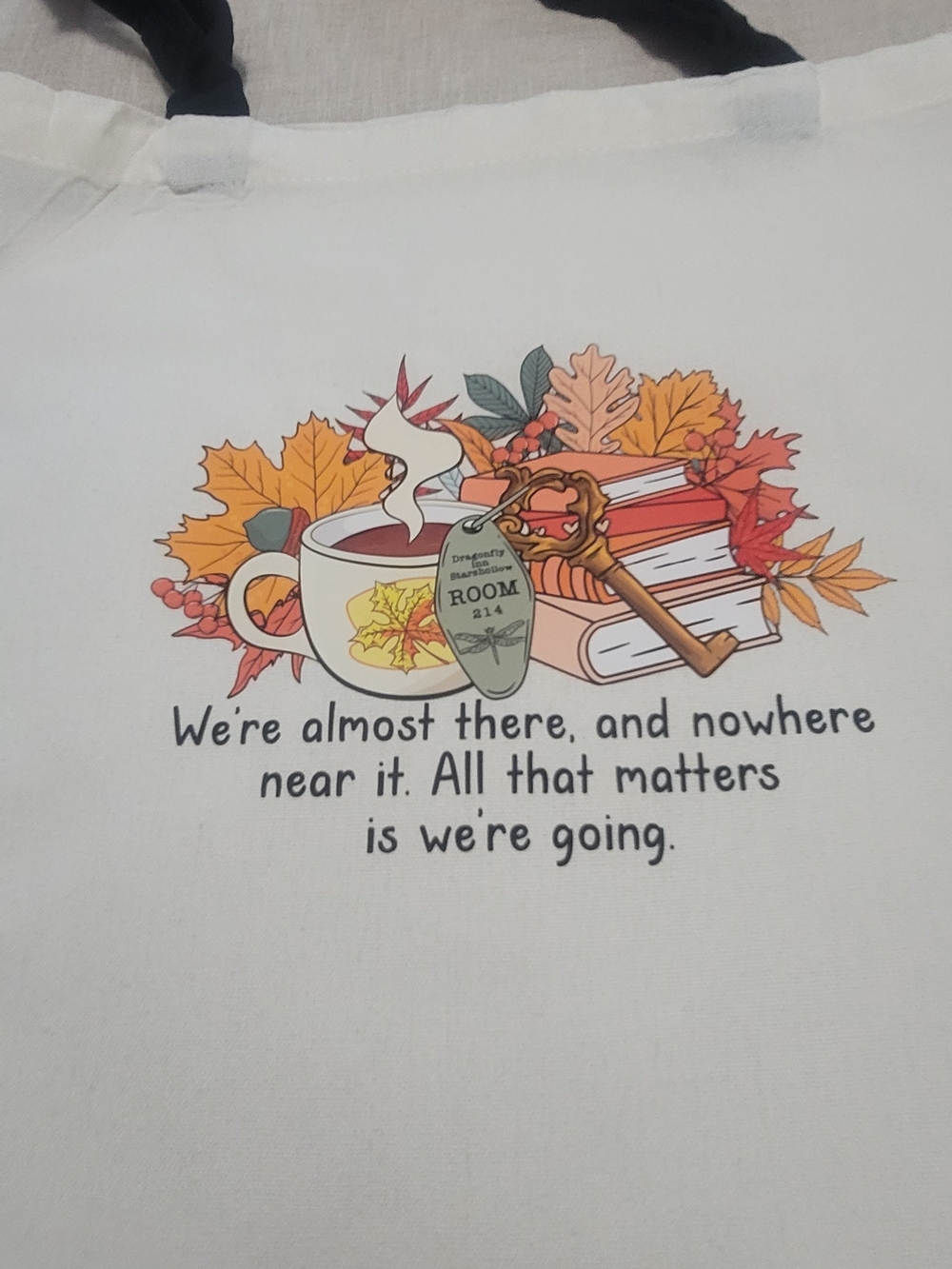Autumn Book & Tea Tote - White Canvas Bag with Fall Graphic New